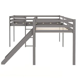 TARTOP Twin Loft Bed for Kids, L-Shape Loft Beds with Slide, Low Loft Bed Frame Corner Bunk Bed for Kids, Wooden Loft Bed for Girls Boys Teens,Gray