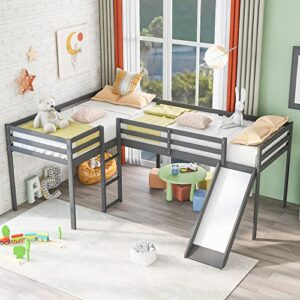 TARTOP Twin Loft Bed for Kids, L-Shape Loft Beds with Slide, Low Loft Bed Frame Corner Bunk Bed for Kids, Wooden Loft Bed for Girls Boys Teens,Gray