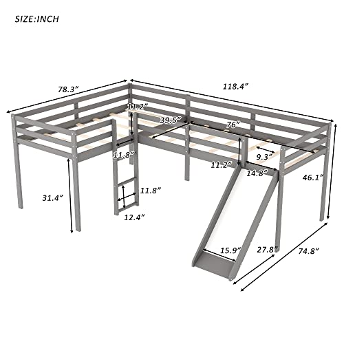 TARTOP Twin Loft Bed for Kids, L-Shape Loft Beds with Slide, Low Loft Bed Frame Corner Bunk Bed for Kids, Wooden Loft Bed for Girls Boys Teens,Gray