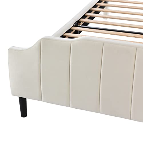 Queen Size Upholstered Bed with Headboard and Footboard, Wood Queen Platform Bed Frame for Bedroom, Velvet Fabric, No Box Spring Needed (Queen, Beige)