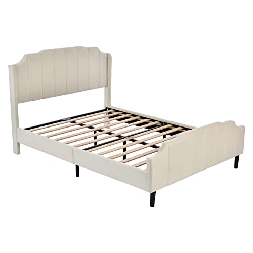 Queen Size Upholstered Bed with Headboard and Footboard, Wood Queen Platform Bed Frame for Bedroom, Velvet Fabric, No Box Spring Needed (Queen, Beige)