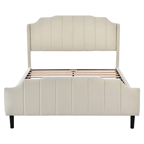 Queen Size Upholstered Bed with Headboard and Footboard, Wood Queen Platform Bed Frame for Bedroom, Velvet Fabric, No Box Spring Needed (Queen, Beige)