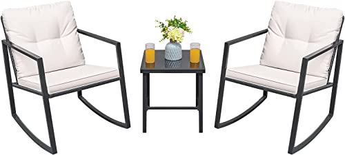 Edenbrook Bayview Rattan Patio Furniture - Mix and Match Outdoor Furniture, L-Shape Sofa Only, Brown Rattan/Cream & Greesum 3 Pieces Rocking Wicker Bistro Set, Patio Outdoor Furniture Conversation