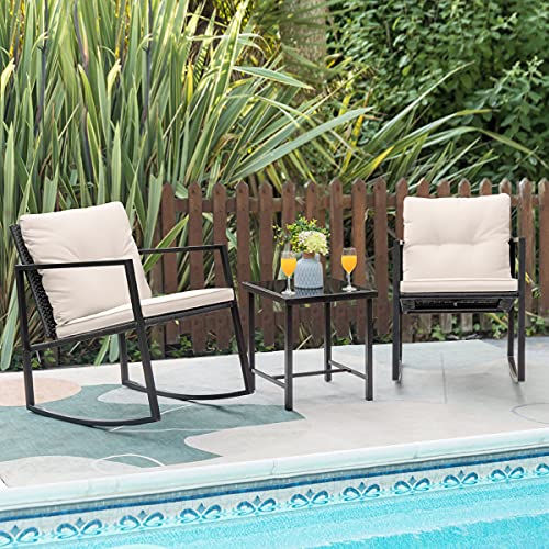 Edenbrook Bayview Rattan Patio Furniture - Mix and Match Outdoor Furniture, L-Shape Sofa Only, Brown Rattan/Cream & Greesum 3 Pieces Rocking Wicker Bistro Set, Patio Outdoor Furniture Conversation