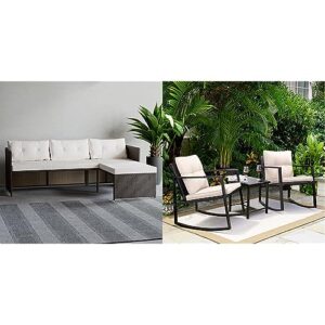 edenbrook bayview rattan patio furniture - mix and match outdoor furniture, l-shape sofa only, brown rattan/cream & greesum 3 pieces rocking wicker bistro set, patio outdoor furniture conversation