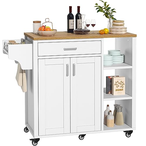 YITAHOME Kitchen Island with Storage Shelf, Rolling Kitchen Island on Wheels with Drawer Open Shelves & Spice Rack Towel Rack Wine Rack, Kitchen Cart with Two Doors for Kitchen, Dining Room, White