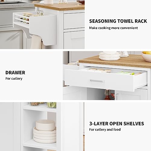 YITAHOME Kitchen Island with Storage Shelf, Rolling Kitchen Island on Wheels with Drawer Open Shelves & Spice Rack Towel Rack Wine Rack, Kitchen Cart with Two Doors for Kitchen, Dining Room, White