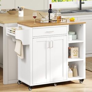 YITAHOME Kitchen Island with Storage Shelf, Rolling Kitchen Island on Wheels with Drawer Open Shelves & Spice Rack Towel Rack Wine Rack, Kitchen Cart with Two Doors for Kitchen, Dining Room, White