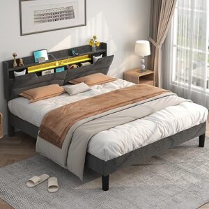 gyfimoie upholstered queen bed frame with adjustable storage headboard, bed frame queen size with charging station & led rgb light, platform bed frame wood slates support, no spring box needed