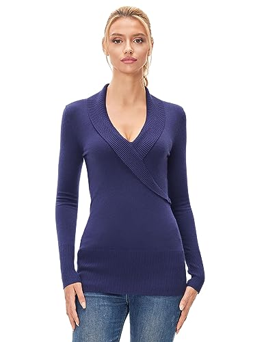 AmélieBoutik Women Shawl Collar V Neck Faux Wrap Long Sleeve Tunic Sweater (Blue Large)