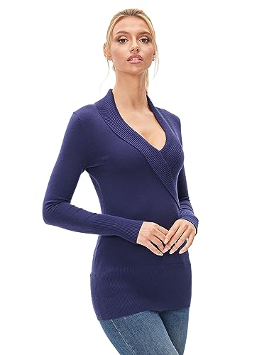 AmélieBoutik Women Shawl Collar V Neck Faux Wrap Long Sleeve Tunic Sweater (Blue Large)