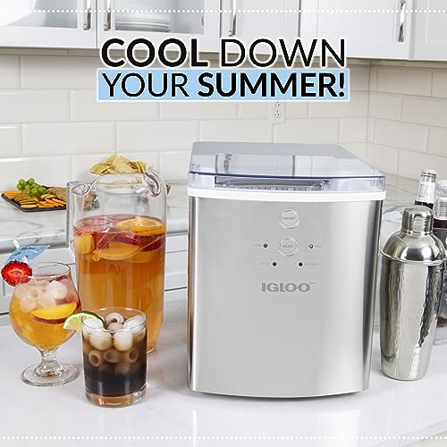 Igloo Electric Countertop Ice Maker Machine - Automatic and Portable - 33 Pounds in 24 Hours - Ice Cube Maker - Ice Scoop and Basket - Ideal for Iced Coffee and Cocktails - Stainless Steel