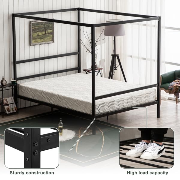 JASOYA Square Tube Mosquito Net Bed Three Horizontal Bed Head Single Horizontal Bed Tail King Black Iron Bed