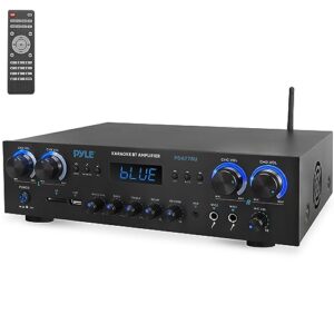 pyle bluetooth home audio theater amplifier stereo receiver 4 channel 800 watt sound system w/mp3, usb, sd, aux, rca, fm,mic, headphone, reverb delay, led vol, for home/studio/theater speakers