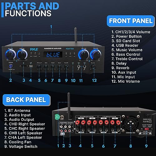 Pyle Bluetooth Home Audio Theater Amplifier Stereo Receiver 4 Channel 800 Watt Sound System w/MP3, USB, SD, AUX, RCA, FM,MIC, Headphone, Reverb Delay, LED Vol, for Home/Studio/Theater Speakers