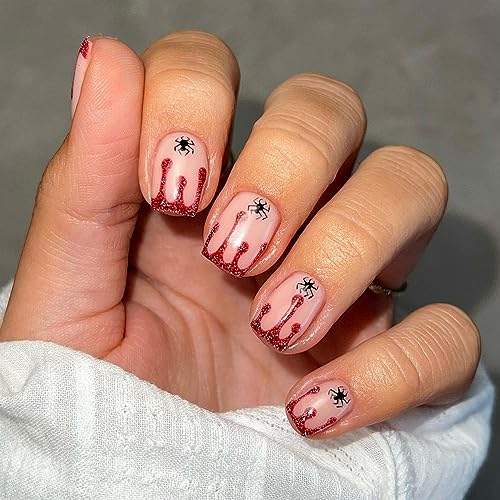 Halloween Short Press on Nails Square Fake Nails Red Glitter Blood Nail Tip Designs Stick on Nails with Spider Nude Acrylic Nails Short Halloween Fake Nails for Women 24Pcs