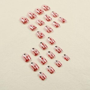 Halloween Short Press on Nails Square Fake Nails Red Glitter Blood Nail Tip Designs Stick on Nails with Spider Nude Acrylic Nails Short Halloween Fake Nails for Women 24Pcs
