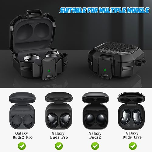 RFUNGUANGO for Samsung Galaxy Buds 2 Pro/Buds Pro/Buds Live/Buds 2 Case Cover/Galaxy Buds FE (2023, Military Carbon Fiber case with Keychain/Zipper/with Cleaner Kit(Anti-Drop Lock)-Black