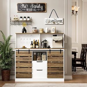 hostack farmhouse coffee bar cabinet, 47" sideboard buffet cabinet with storage, barn doors wine bar cabinet, kitchen buffet table with drawers|adjustable shelves for dining room, kitchen, white
