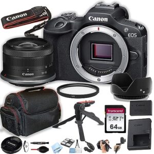 canon eos r100 mirrorless camera with 18-45mm lens + 64gb memory card, case, hood, grip-pod, filter professional photo bundle (renewed)