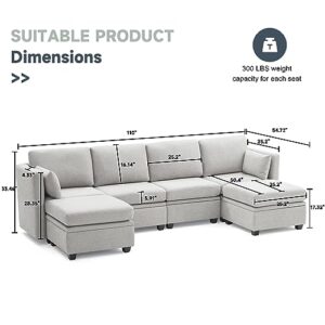 Weture Modular Sectional Sofa, Convertible U Shaped Sofa Couch with Storage, High Supportive & Soft Sponges, 6 Seat Modular Sectionals Sofa Couch with Chaise for Living Room, Grey