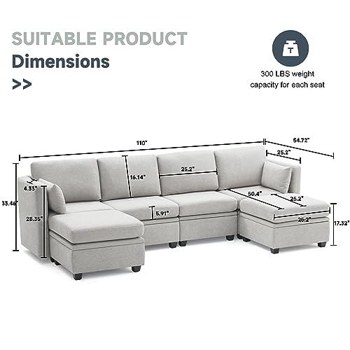 Weture Modular Sectional Sofa, Convertible U Shaped Sofa Couch with Storage, High Supportive & Soft Sponges, 6 Seat Modular Sectionals Sofa Couch with Chaise for Living Room, Grey