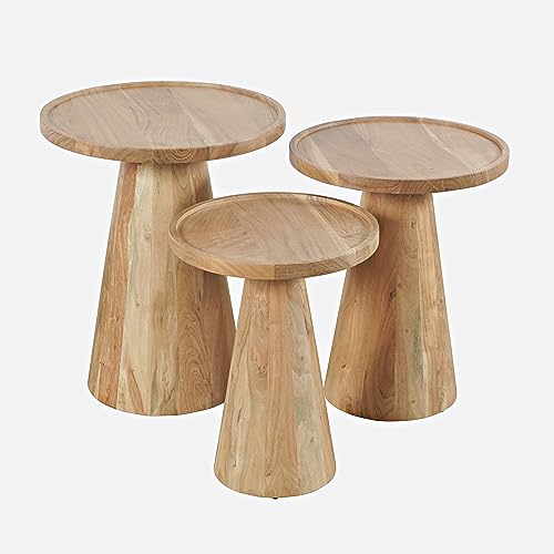 Jofran Knox Mid-Century Modern Solid Hardwood Pedestal Round Accent End Nesting Tables - Set of 3, Natural