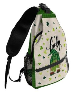 sling backpack, st. patrick's day gnome shamrock green plaid waterproof lightweight small sling bag, travel chest bag crossbody shoulder bag hiking daypack for women men