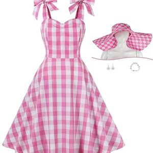 1950s Pink Plaid Dress for Women bar-bie Gingham Vintage Dress 50s Pink Up Dresses (Pink-1, X-Large)