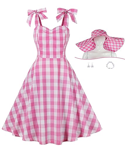 1950s Pink Plaid Dress for Women bar-bie Gingham Vintage Dress 50s Pink Up Dresses (Pink-1, X-Large)