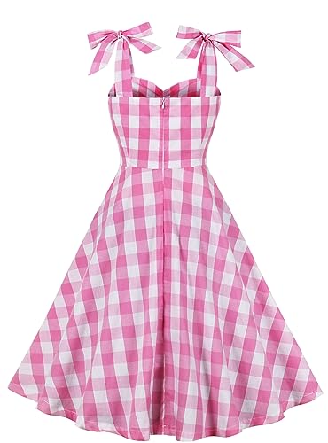 1950s Pink Plaid Dress for Women bar-bie Gingham Vintage Dress 50s Pink Up Dresses (Pink-1, X-Large)