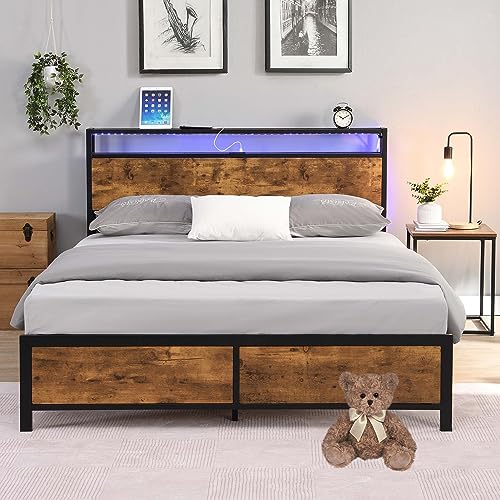 Modern Industrial Queen Bed Frame with LED Lights and 2 USB Ports, Metal Platform Bed Frame Queen Size with Storage, Noise Free, No Box Spring Needed, Strong Steel Slats Support, Rustic Brown (Queen)