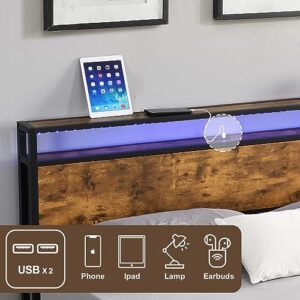 Modern Industrial Queen Bed Frame with LED Lights and 2 USB Ports, Metal Platform Bed Frame Queen Size with Storage, Noise Free, No Box Spring Needed, Strong Steel Slats Support, Rustic Brown (Queen)