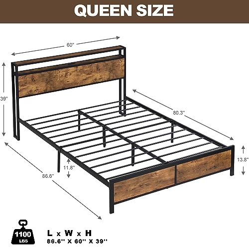 Modern Industrial Queen Bed Frame with LED Lights and 2 USB Ports, Metal Platform Bed Frame Queen Size with Storage, Noise Free, No Box Spring Needed, Strong Steel Slats Support, Rustic Brown (Queen)