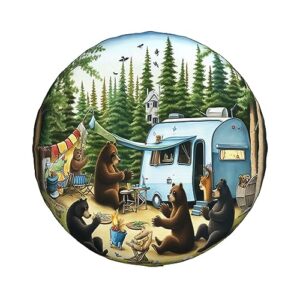 happy camper bear spare tire covers for trailer camper rv suv truck travel, psychedelic funny tire covers camping wheel covers car decor, universal fits, 14 inch