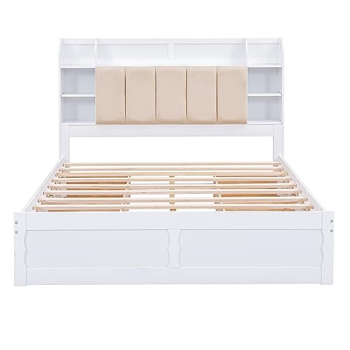 Merax Wood Queen Size Platform Bed with Storage Headboard