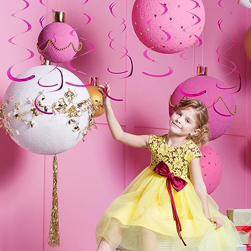 30 PCS Party Swirl Decorations Hot Pink Shinny Foil Hanging Swirl Decorations with Double-Swirls and Single-Swirls Plastic Streamer for Ceiling Plastic Metallic Streamer for Party Decorations