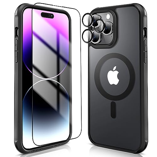 TXXTOL 3 in 1 Magnetic iPhone 14 Pro Case Compatible with Magsafe iPhone 14 pro Case Magsafe+ Screen Protector + Camera Lens Protector Raised Edges Protect Camera and Screen Black+Clear 6.1 Inch