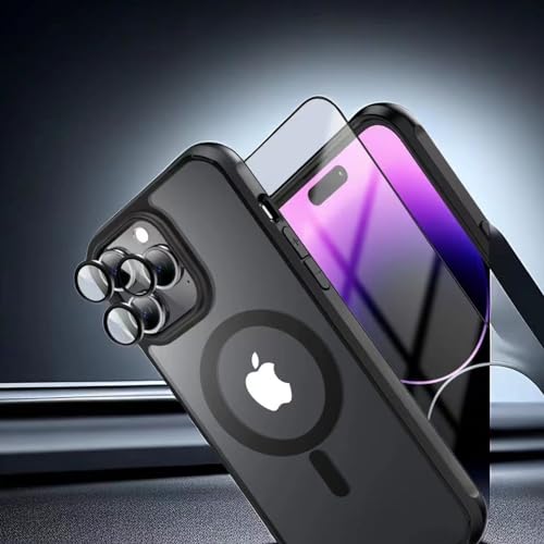 TXXTOL 3 in 1 Magnetic iPhone 14 Pro Case Compatible with Magsafe iPhone 14 pro Case Magsafe+ Screen Protector + Camera Lens Protector Raised Edges Protect Camera and Screen Black+Clear 6.1 Inch