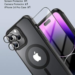 TXXTOL 3 in 1 Magnetic iPhone 14 Pro Case Compatible with Magsafe iPhone 14 pro Case Magsafe+ Screen Protector + Camera Lens Protector Raised Edges Protect Camera and Screen Black+Clear 6.1 Inch