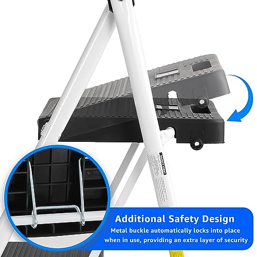 Lifetime Home 3-Step Ladder with Wide Anti-Slip Platform & Thick Rubber Feet - Lightweight Heavy Duty Foldable & Portable - 330 lbs Capacity, Steel Frame, Rubber Handgrip, Folding Step Stool - White