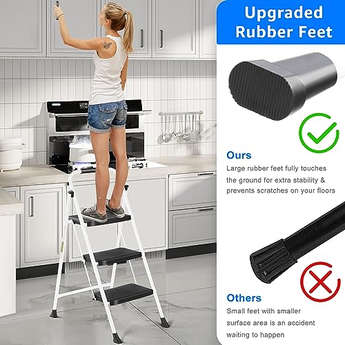 Lifetime Home 3-Step Ladder with Wide Anti-Slip Platform & Thick Rubber Feet - Lightweight Heavy Duty Foldable & Portable - 330 lbs Capacity, Steel Frame, Rubber Handgrip, Folding Step Stool - White