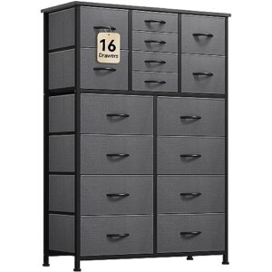 yitahome 16 drawer dresser, tall fabric dresser for bedroom, large chest of drawers, gray dresser for bedroom closet living room entryway with sturdy metal frame and wooden top (black gray)
