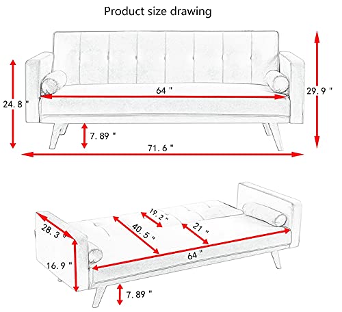 Eafurn 71.6" W Convertible Futon Sofa Bed Adjustable Couch Sleeper Modern Cotton Home Recliner Reversible Loveseat Folding Daybed, Solid Wood Tapered Legs, 2 Throw Pillows,3 Angles, 600lb Capacity