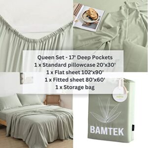 Bamtek 100% Viscose Bamboo Sheets Queen Size Bed - Super Soft and Silky Queen Sheets - Cooling Bamboo Sheets for Hot Sleepers - 4PC 17' Deep Pocket Queen Sheet Set and Pillowcases Set of 2 (Sage)