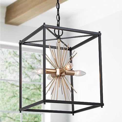 GEPOW Modern Black and Gold Chandeliers, 4 Lights Square Hanging Pendant Light Fixture with Starburst Design for Dining Room, Kitchen, Bedroom, Foyer and Living Room