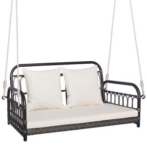 Tangkula Outdoor Wicker Porch Swing, 2-Person Hanging Seat with Seat & Back Cushions, Heavy-Duty Metal Frame & 2 Sturdy Hanging Ropes, Wicker Woven Swing Loveseat for Front Porch