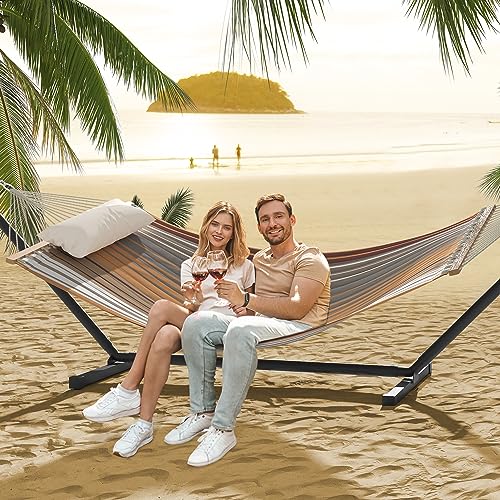 YITAHOME 12FT Hammock with Stand Included Hammock Heavy Duty Hammocks Waterproof Poratble Freestanding Hammock with Pillow Storage Bags 450lbs for Outdoors,Backyard,Yellow Stripes