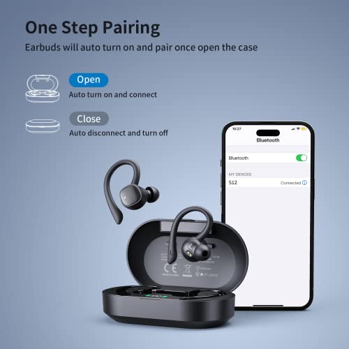 Psier Wireless Earbuds Sports Headphones 4 Mic Clear Calls 60H Playtime Ear buds Supports Charging Dual LED Power Display Flexible Earhooks IPX7 Waterproof Earphones for Running, Gym