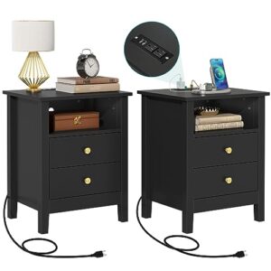 yitahome nightstand with charging station, night stands with 2 drawers for bedroom, modern bedside table end side table with usb ports and outlets, set of 2, black